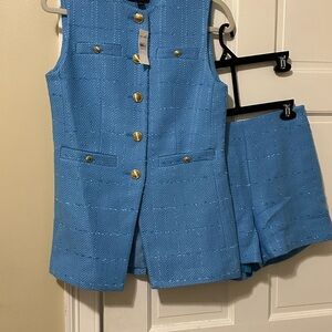 Ann Taylor Textured Blue Top with Gold Accent